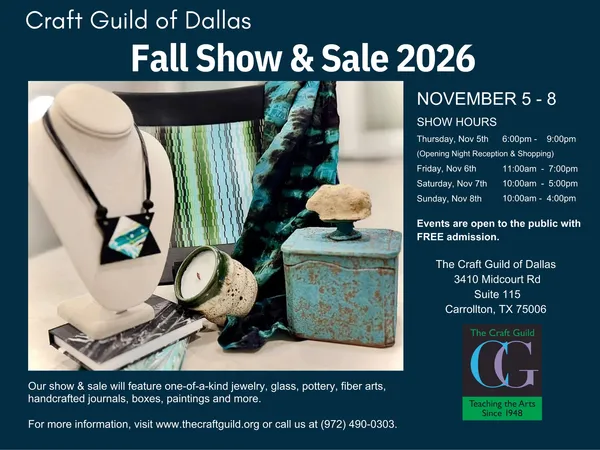postcard for The Craft Guild show with dates and times. Hours: Nov. 5th, 6:00 pm to 9:00 pm, Nov. 6th 11:00am – 7:00pm, Nov. 7th 10:00am – 5:00pm, Nov. 8